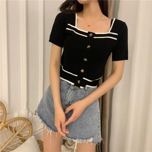 Woman Tshirts 2021 Summer Square Collar Short Sleeve Black Short Knitwear Top Female Crop Top Mujer Camisetas