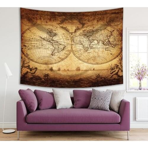 Tapestry World Map Atlas Ancient History Mystic Symbols Antique Style Artwork Printed Brown Beige