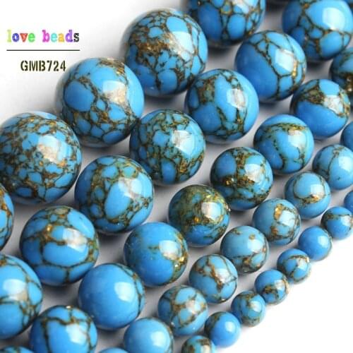 Blue Howlite Spun Gold Loose Stone Round Beads for Jewelry Making DIY Bracelet 15'' strand 4/6/8/10/12mm