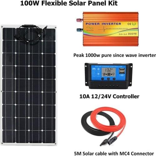 100W flexible Solar Panel Kit with peak 1000w pure since wave inverter:100W Solar Panel, PWM 10A LCD Controller Off Grid System