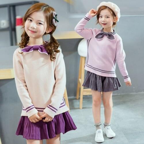 Girls Bow Tie Striped Sweater Suit Baby Kids Preppy Clothes Childrens Knitted Woolen Knitwear + Pleated Skirts 2 Pcs Sets B88