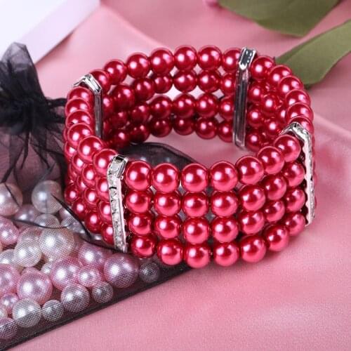 Korean Version Popular Joker Red Imitation Pearl Bracelet Geometry Can Stretch Elastic Multi-Layer Bracelet Jewelry