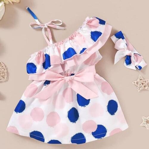 Summer Sweet Girls Dress Toddler Dot Print Ruffled Slant Collar Dress with Headband 2pcs Outfits Childrens Clothing for 1-4Year