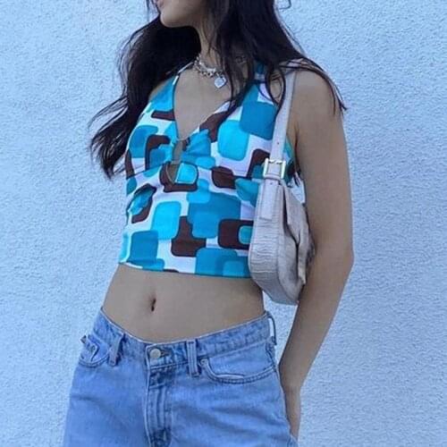 Summer Metal Ring Halter Top 90s Vintage Print Women Backless Corset Camis Female Hollow Out Sweats Crop Top Mini Vests Beach