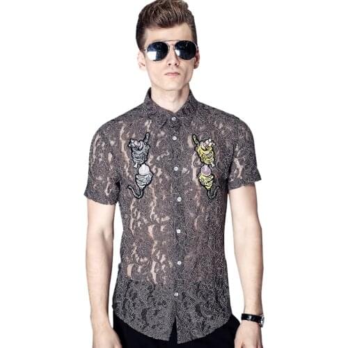 Fanzhuan Free Shipping New fashion casual male mens short sleeved thin transparent hollow lace shirt embroidered 713107 blouse