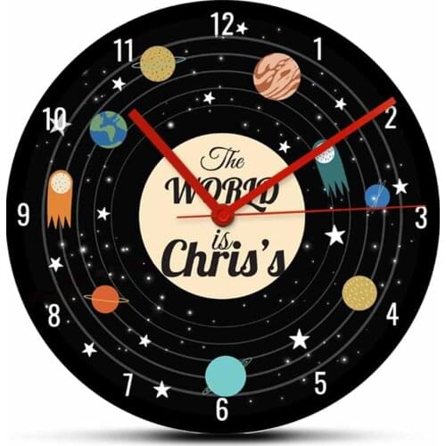 Personalized Name Solar System Wall Clock For Kids Room Astronomy Home Decor Space Science Colorful Planets Artwork Clock Watch