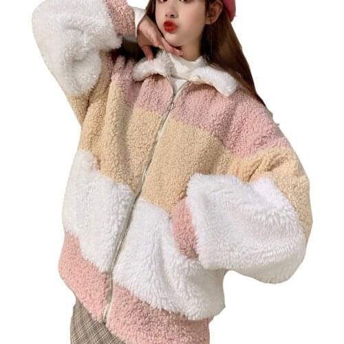 Winter 2020 New Thickened Lamb Plush Korean Version Loose Zipper Stand Collar Ladies Coat Casual Color Matching Women Sweatshirt