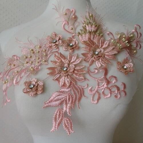 New Arrival 36*25cm Elegant Pearl Beaded Lace Applique Embroidered Sewing Trim With Rhinestone Lake Blue/Gold/Gray Sewing Craft