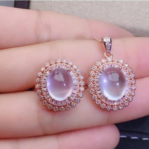 Charming new pink rose quartz gemstone ring necklace jewelry set exquisite silver ornament natural gem classic color girl gift