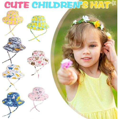 2021 Baby Girls Big Brim Bucket Hat Infant Summer Bow Outdoor Beach Sun Hat Cartoon Print Panama Hats Lace-Up Cord Cap Sunscreen