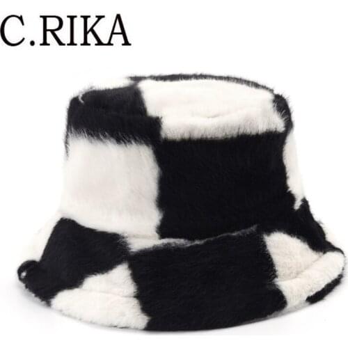 Autumn Winter Black White Plaid Zebra Bucket Hats for Women Girl Outdoor Vacation Fisherman Hat Lady Fashion Warm Velvet Panama