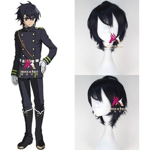 High quality Anime Seraph of the End Yuichiro Hyakuya Cosplay Wig Black Mix Blue Heat Resistant Synthetic Hair Wigs + Wig Cap