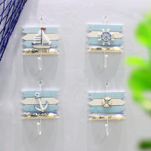 Mediterranean Style Wooden Nautical Ship Anchor Towel Wall Hooks Hangers Figurines For Home Hanging Decor Ornaments
