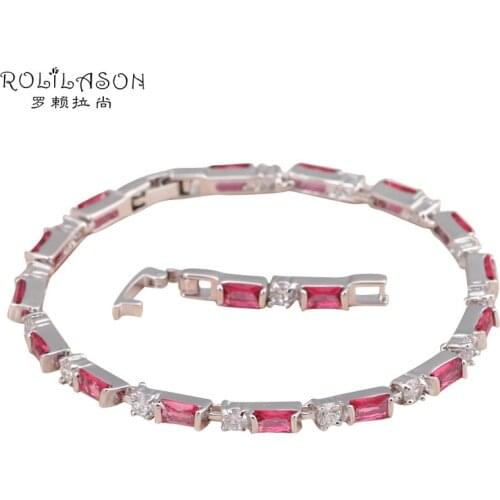 ROLILASON simple chic design rectangle rose pink crystal zircon silver chain Bracelets gift for women fashion jewelry TBS781
