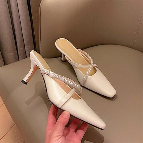 PXELENA Handmade Pearls Women Genuine Leather Mules Cross tied Kitten High Heels Slides Lady Party Outdoor Summer Slippers 2021