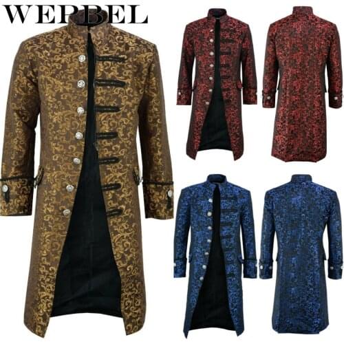 WEPBEL Men Long Coat Full Sleeve Floral Vintage Steam Punk Victorian Cos Mens Coats Jackets