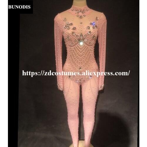ZD242 Women Sexy Pink Color Net Yarn Jumpsuit Glass Sparkling Crystals Pearls Bodysuit Nightclub Party Stage Wear Performance
