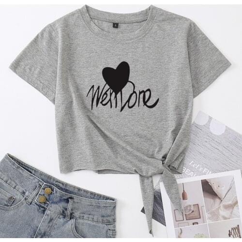 Womens Summer Short-sleeve Print Heart Letters Crop Top Cotton T-shirt Cropped Tops Graphic Tee with Front Knot Female Clothes