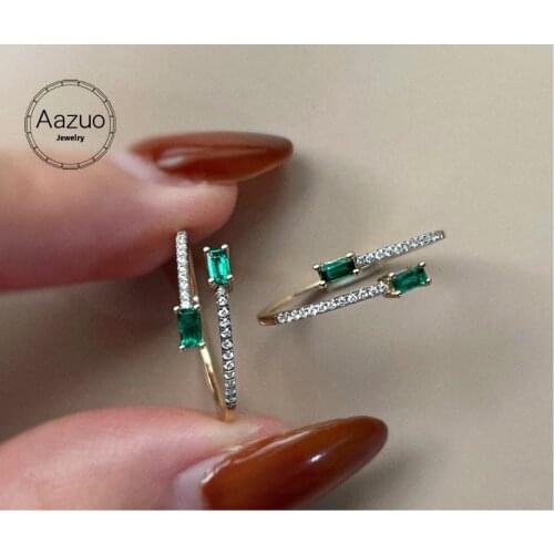 Aazuo Ins Real Solid 18K Yellow Gold Real Diamonds Natural Emerald Square Open Rings gifted for Women Au750