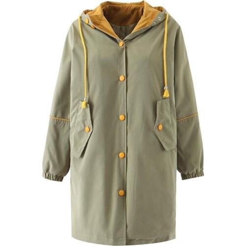 Womens Slim Fit Hooded Jackets Button Closure Windbreaker Overcoat with Drawstring