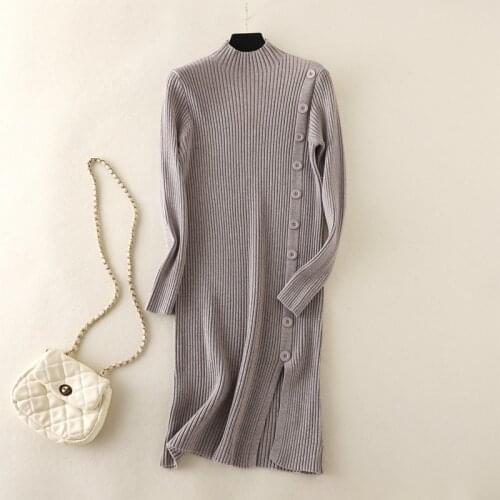 Black Mock neck knitted dress elegant womens autumn winter 2021 new slim split hip midi long button sweater dress Office Lady