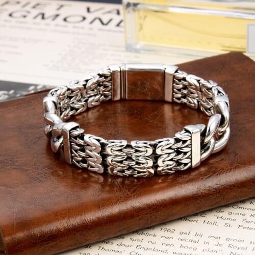 100% S925 Sterling Silver Bracelet Domineering Mens Thai Silver Peace Pattern Hand Chain Pure Argentum Bangle Decoratio 76g