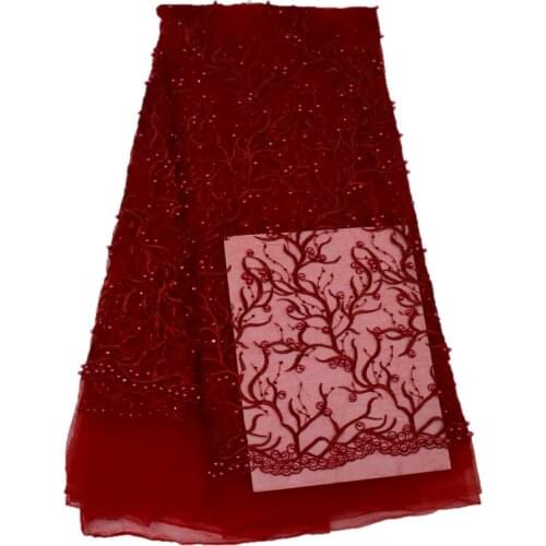 2016 Lastest Red/pink/purple/goldAfrian Lace Fabric Tulle Embroidered Bridal pearls lace fabric with stones FB0055
