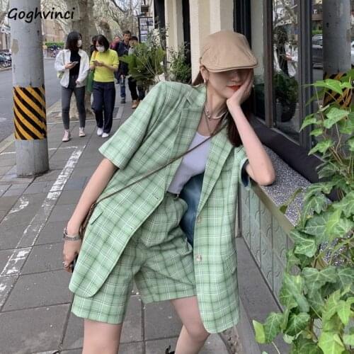 Leisure Blazers Women Streetwear Plaid Fashion Single Breasted Loose Summer All-match Korean Style Vintage Short Sleeve Female