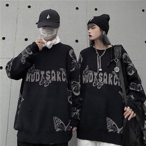 Hip Hop Knitted Jumper Sweater Black Printed Harajuku Streetwear Fall Oversize Hipster Casual Pullovers Loose Couple Outfit 2021