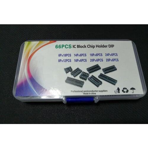 IC socket adapter box kit 8 values=66pcs 6pin/8pin/14pin/16pin/18pin/20pin/24pin/28pin 2.54mm Ic block chip holder Plug-in dip