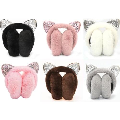 Fashion Winter Autumn Faux Fur Earmuffs Cute Cat Ear Plush Earmuff For Girls Ladies Women Hairbands Shiny Sequin Ear Muffs