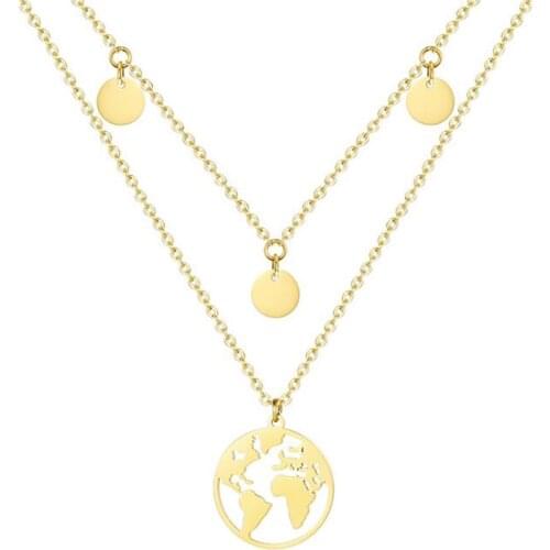 Stainless Steel Fashion World Map Round Pendant Necklace with Disc For Him Minimalism Earth Map Necklaces Gift For Him