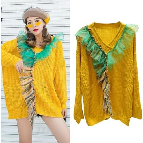 2020 Fall Fashion knitted v neck sweater For Women Mesh Striped Ruffles color contrast Crocheted Loose oversized Pullover