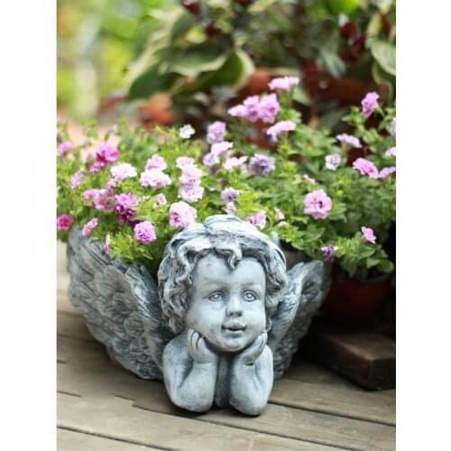Outdoor Retro Pastoral Cement Angel Boy Vase Crafts Decoration Yard Garden Pot Head Planter Big Size Flower Trays Wing Statues