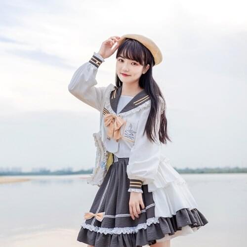 Lolita dress navy collar high waist Lolita suit sweet top + skirt Soft Girl College style sweet and cute Cos Loli suit