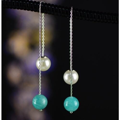 Natural amazonite s925 silver earrings silver tassel earrings silver SAN shek wan contracted accessories wholesale