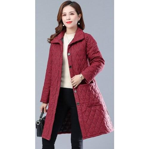 Middle-aged Female Plaid Windbreaker Mid-Length Spring Autumn Winter Plus Cotton Keep Warm Loose Shirt Small Cotton Coat New