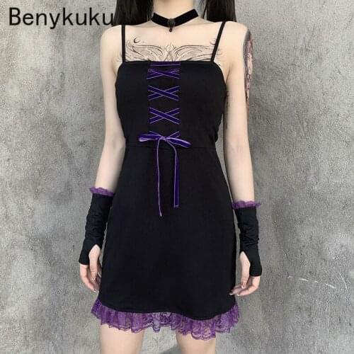 Vintage Lace Black Mini Kawaii Dress Gothic Sexy Spaghetti Strap Bandage Slip Dress Casual Party Club Night Dress Women Clothes