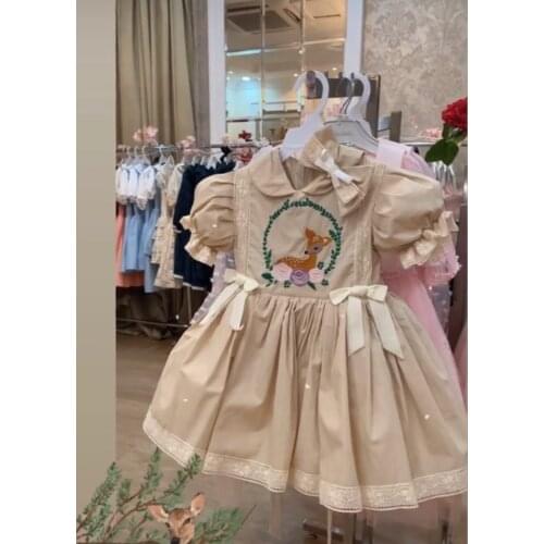 1-12T Baby Girl Summer Beige Deer Embroidery Turkish Dress for Eid Birthday Casual