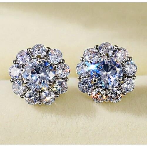 Female Dainty Flower Luxury Crystal Earrings Charm Silver Color Small Stud Earrings Cute White Zircon Wedding Earrings For Women