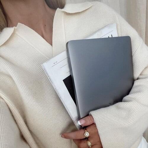 Women Autumn Jumper Sweater, Solid Color Lapel V-Neck Long-Sleeves Knitted Loose Pullover for Girls, White