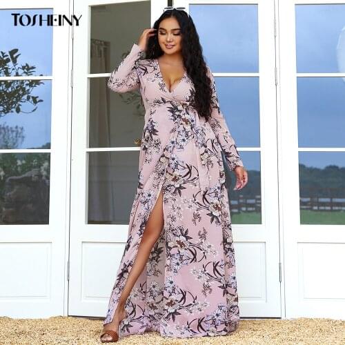 Tosheiny 2021 Women Plus Size Dress Maxi Sexy Floral Print Boho Deep V Neck Long Sleeve Vestidos Beach Party Elegant Curve 3XL