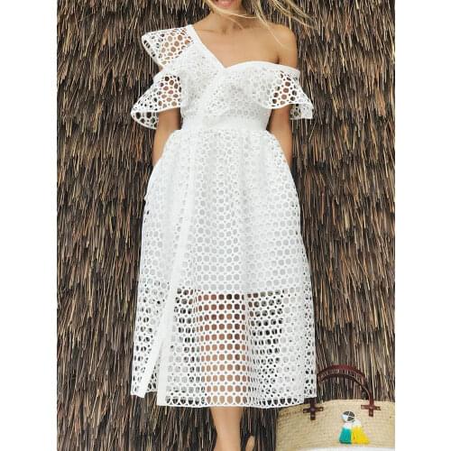 2021 Elegant Ladies Summer White Dress Hollow Out Bare Shoulder Ruffled Midi Dresses Slim Fit Plus Size 4XL Women Clothing