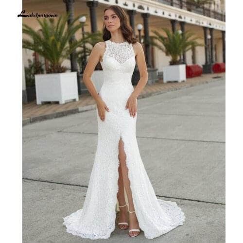 Suknia boho ślub 2021 Mermaid Split Backless O neck Lace Wedding Dresses Sleeveless vestido de boda corte sirena Lakshmigown