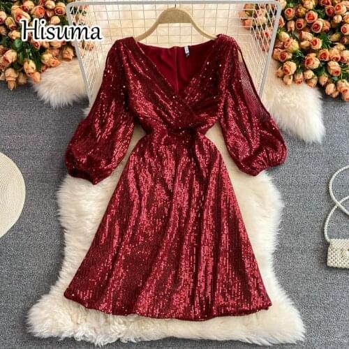 2021 autumn new women V-neck lantern sleeve sequins bling A-line dress female Chic elegant waist shiny party dresses