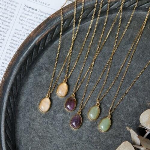 Vintage Stainless Steel Natural Stone Pendant Necklace For Women Fashion Metal Irregular Geometric Necklace Jewelry Party Gift