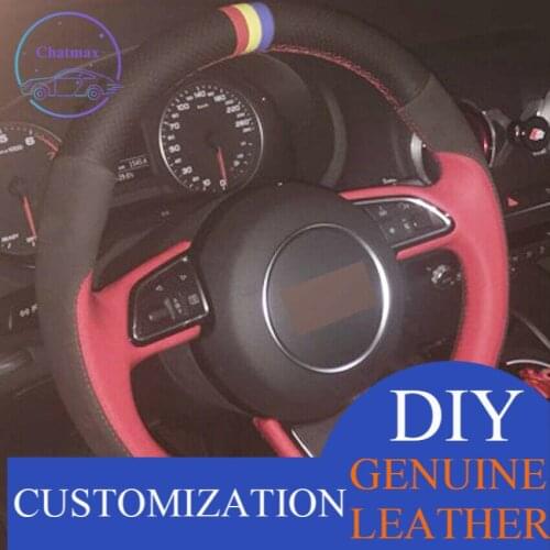 For Audi A1 A3 A5 A7 Black Red Leather Hand-stitched Car Steering Wheel Cover Anti-slip fit all season comfortable touch design