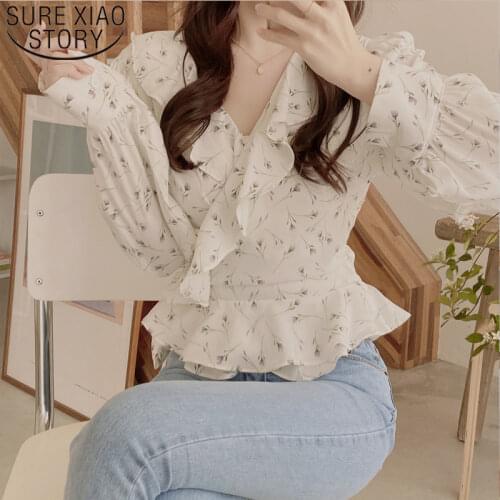 Elegant Ruffles Belt Slim Waist Female Shirts Vintage Floral V-neck Flare Sleeve Chiffon Blouse women Blouse blusa mujer 8778 50