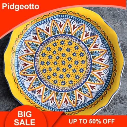 Yellow Curved Edge Bohemia Ceramic Salad Fruit Plate Dish Household Under Glazed Ethnic Style Large Steak Pplate Free Shipping