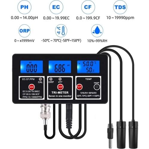 7 in 1 Multi-Parameter PH RH EC CF TDS(PPM) ORP TEMP Water Quality Meter Digital High Precision Water Monitor with LCD Backlight